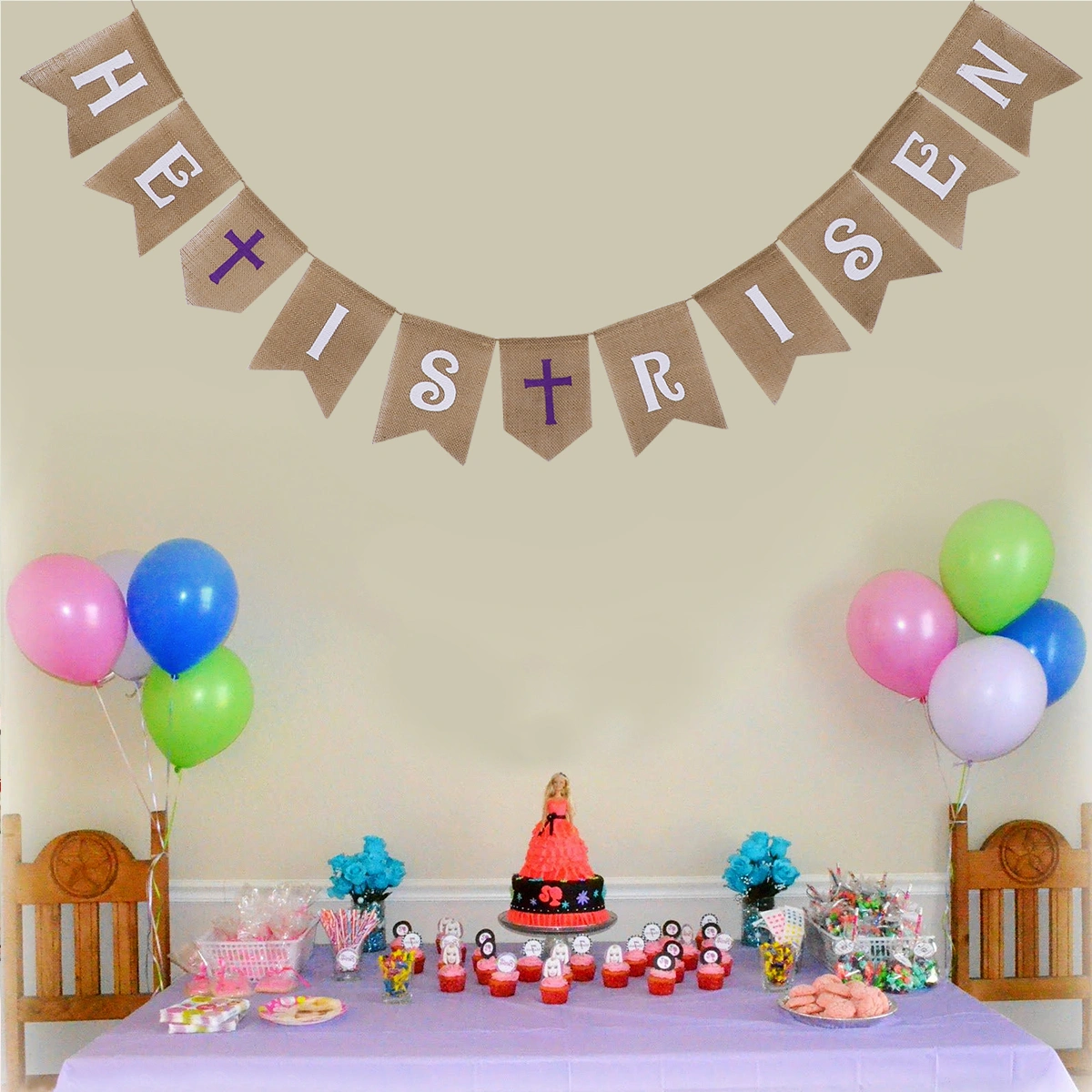 2.8 Meters Easter Banners HE IS RISEN and Cross Printed Burlap Bunting Banners Garland For Easter Decorations Party Favors Photo Props