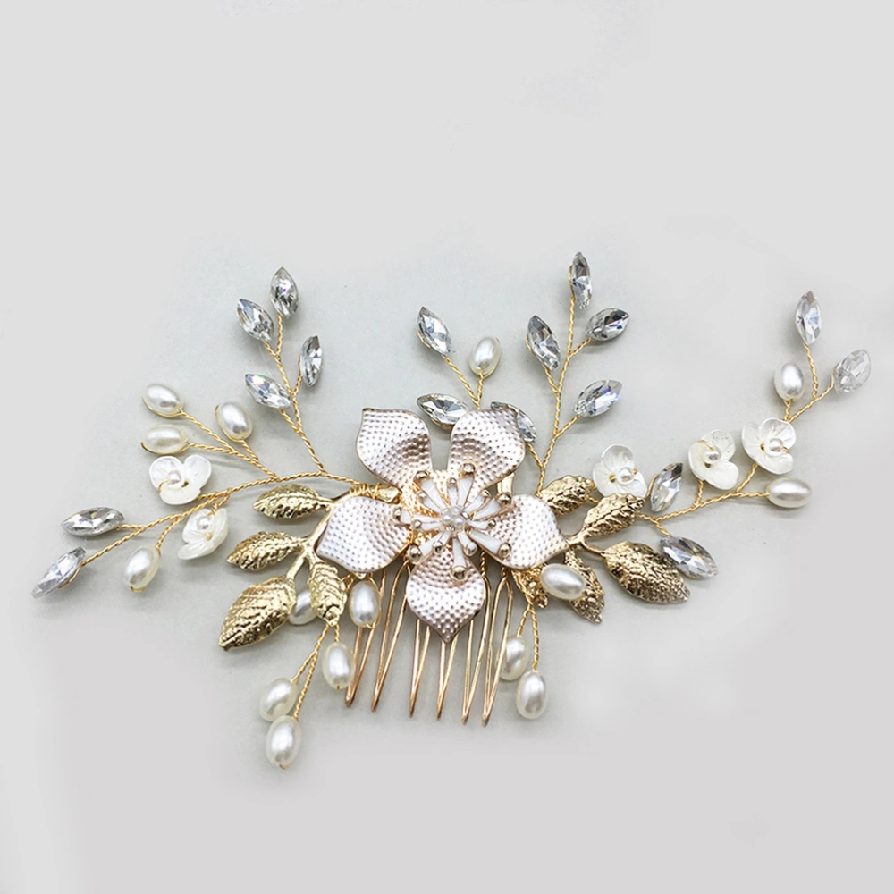 1 Pc Floral Hair Comb Artificial Pearl Rhinestone Hair Comb Accessories Bridal Hair Decoration for Wedding (Golden)