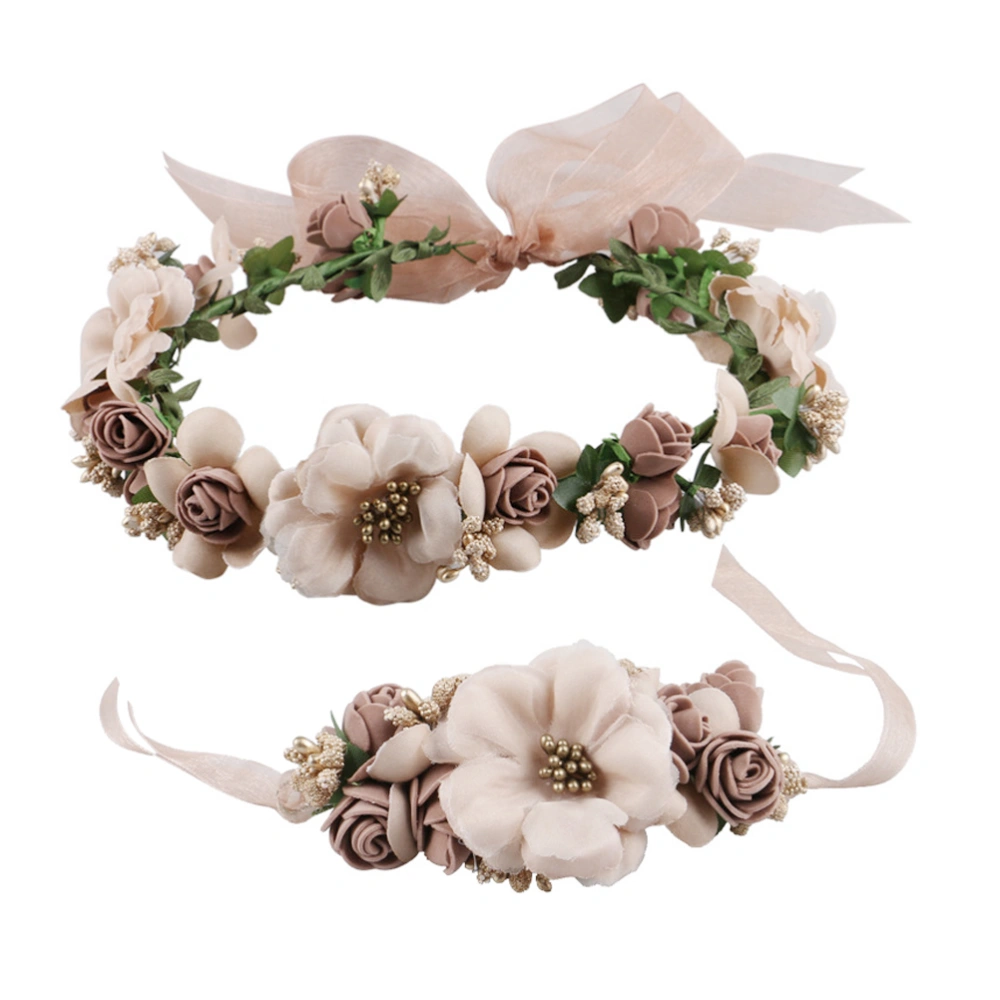 2pcs Holiday Flower Headband Wristband Floral Wreath Hairband Floral Party Photography Bracelet(Random Color Headband + Wristband)