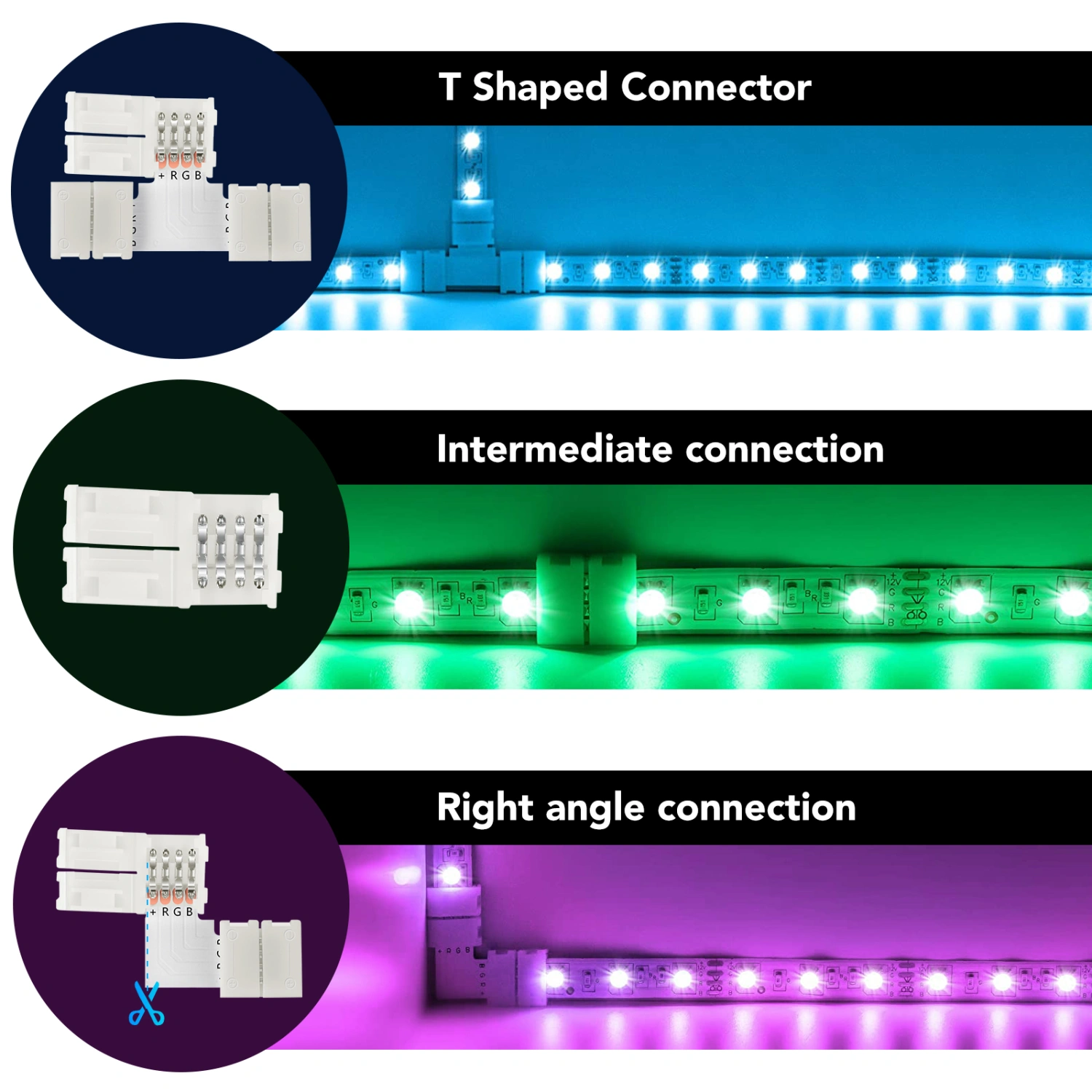 LEDMOMO 10pcs T Shape 4-Pin LED Connectors Solderless Gapless Adapter Connectors with 2pcs Clips for 5050 RGB LED Strip Lights