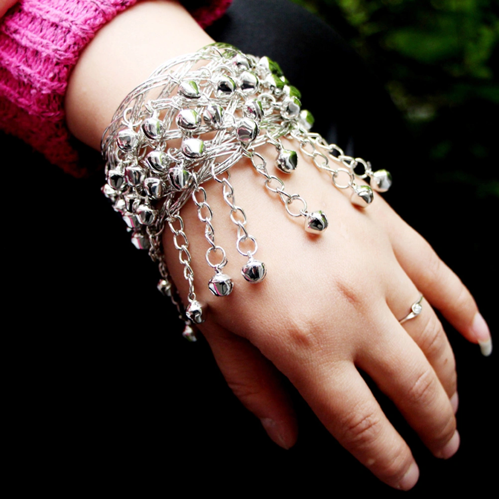1Pc Bohemian Style Dance Bracelet Retro Handmade Bell Bangle Delicate Gorgeous Wide Brcelet Wrist Jewelry Gift for Women Ladies (Silver)