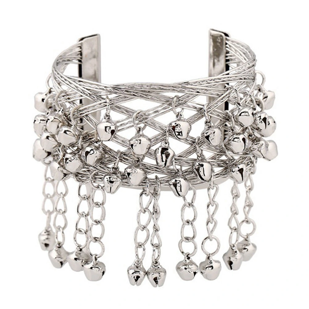 1Pc Bohemian Style Dance Bracelet Retro Handmade Bell Bangle Delicate Gorgeous Wide Brcelet Wrist Jewelry Gift for Women Ladies (Silver)