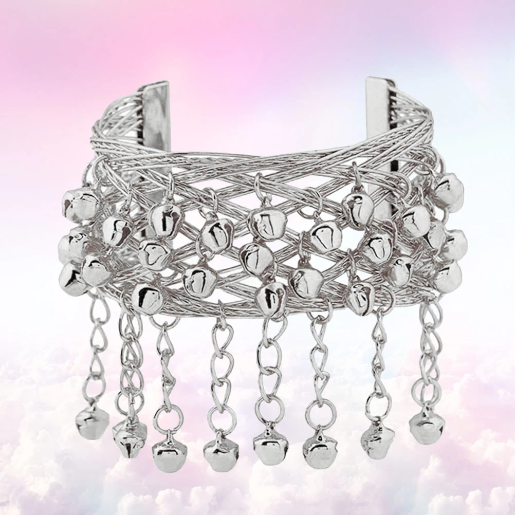 1Pc Bohemian Style Dance Bracelet Retro Handmade Bell Bangle Delicate Gorgeous Wide Brcelet Wrist Jewelry Gift for Women Ladies (Silver)