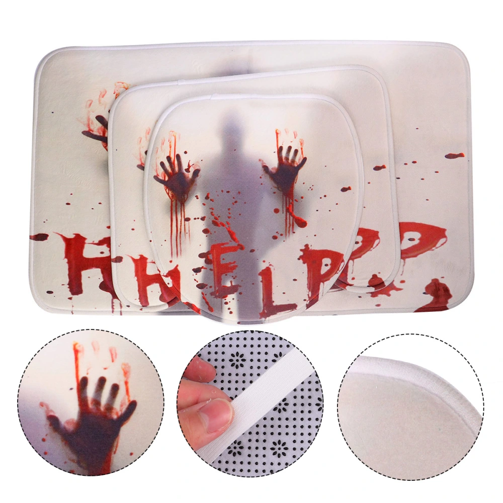 1 Set of 3pcs Bathroom Supplies Halloween Mats Bloody Hands Printed Carpet Toilet Rug Closestool Lid Cover