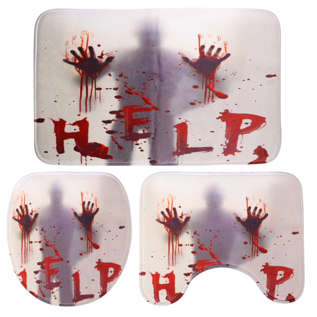 1 Set of 3pcs Bathroom Supplies Halloween Mats Bloody Hands Printed Carpet Toilet Rug Closestool Lid Cover