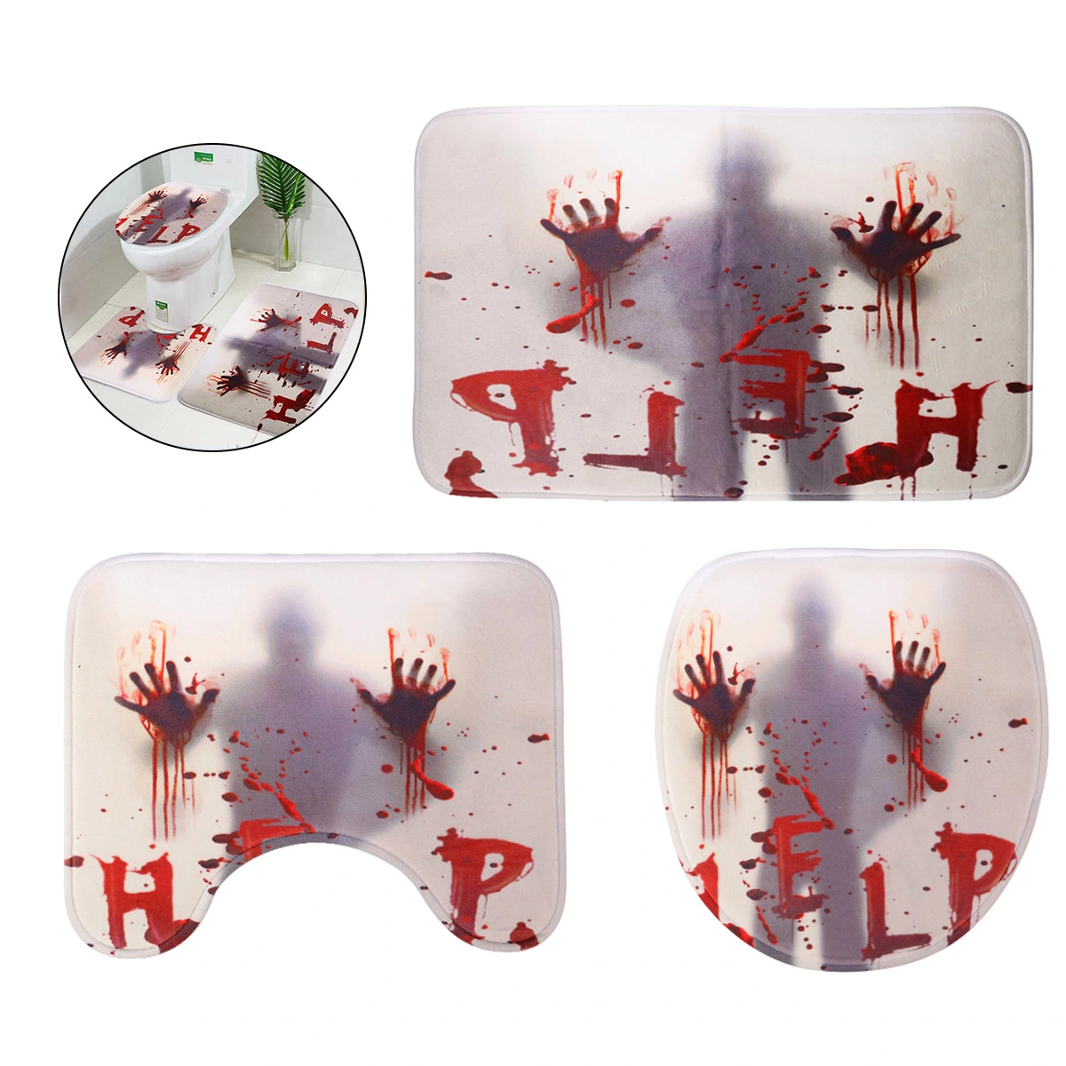 1 Set of 3pcs Bathroom Supplies Halloween Mats Bloody Hands Printed Carpet Toilet Rug Closestool Lid Cover