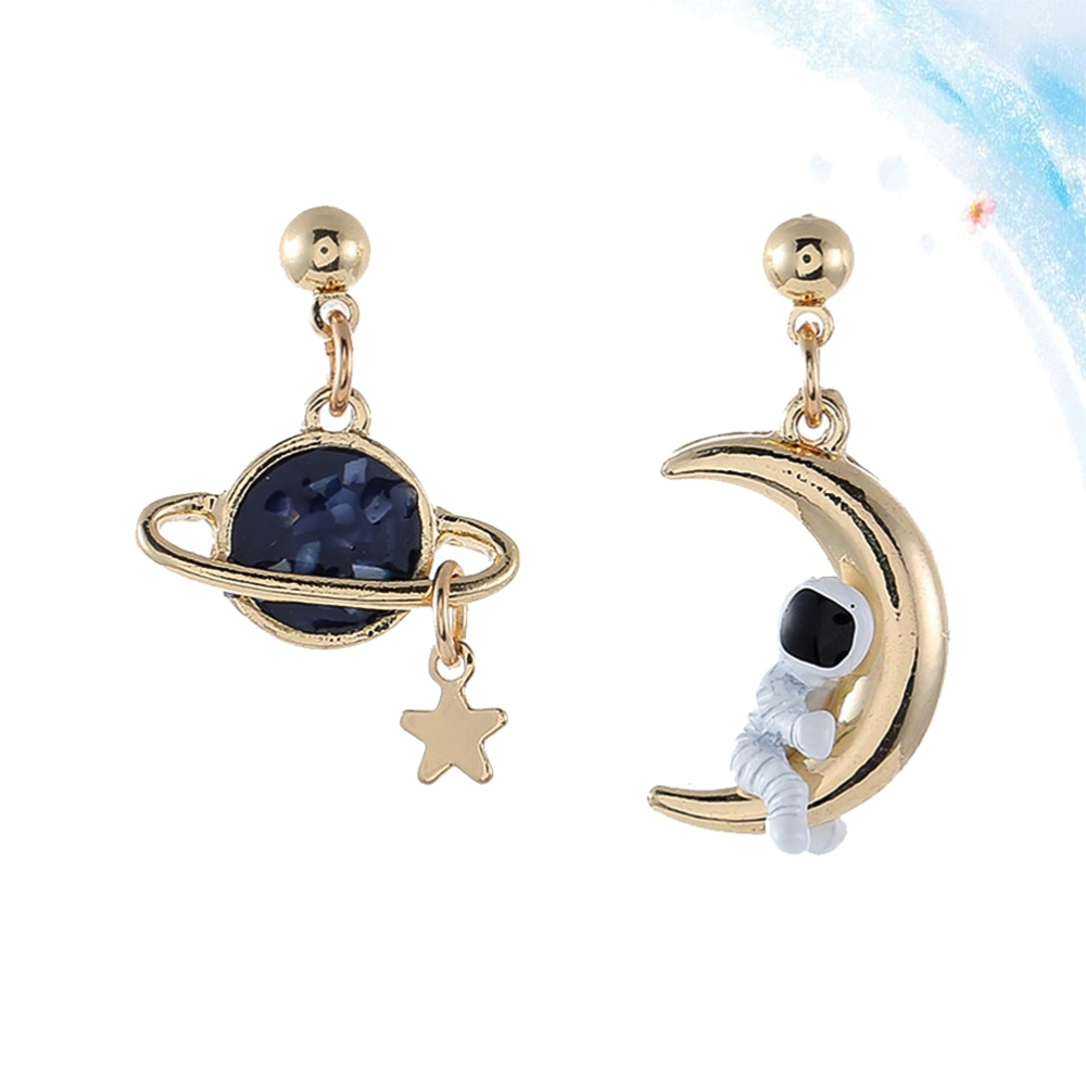 1 Pair Women Earrings Delicate Fashion Ear Studs Moon Planet Dissymmetry Earrings Ear Clips (Colorful, Ear Studs Style)