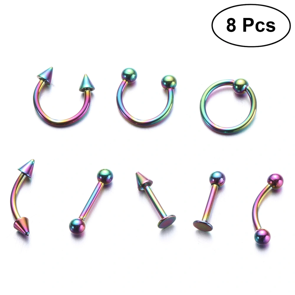 8pcs Stainless Steel Curved Eyebrow Nose Lip Earrings Piercings Punk Unisex Body Piercing Jewelry (Colorful)