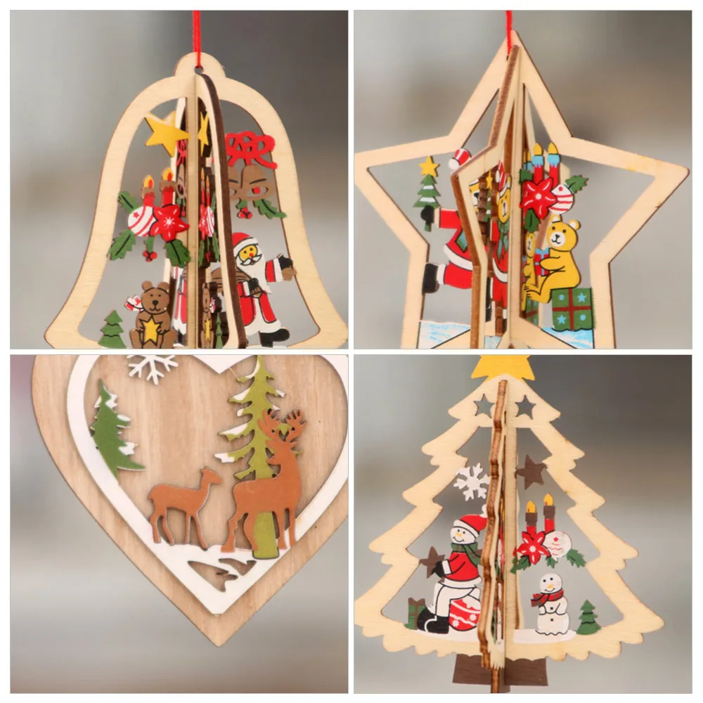 5pcs Christmas Decorations Wooden Hollowed-out Hangings Christmas Tree Pendant