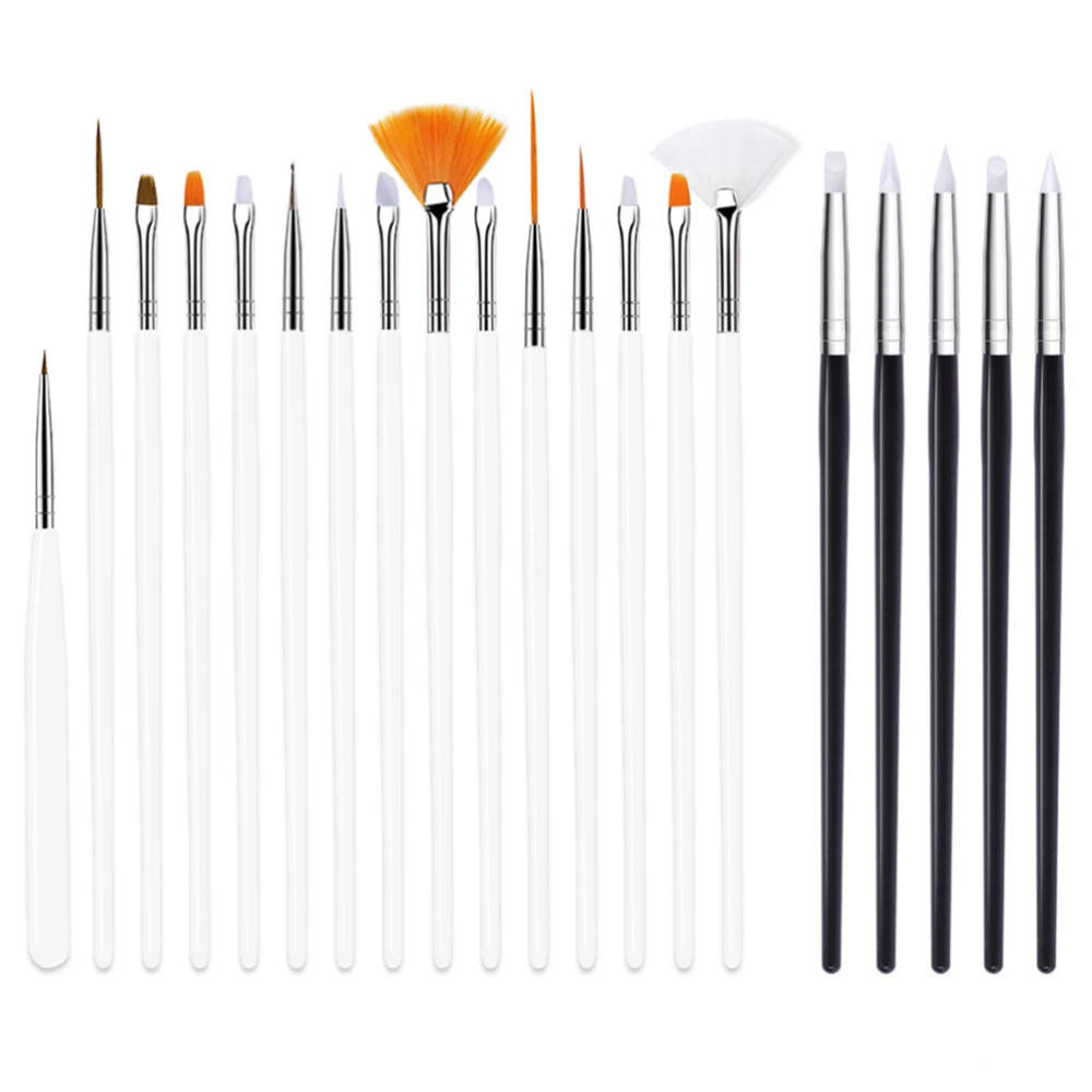 20pcs Nail Liner Brushes Nail Silicone Pen Nail Painting Brushes Manicure Brush (15pcs White Rod Brush Pens + 5pcs Black Rod Silicone Pen)