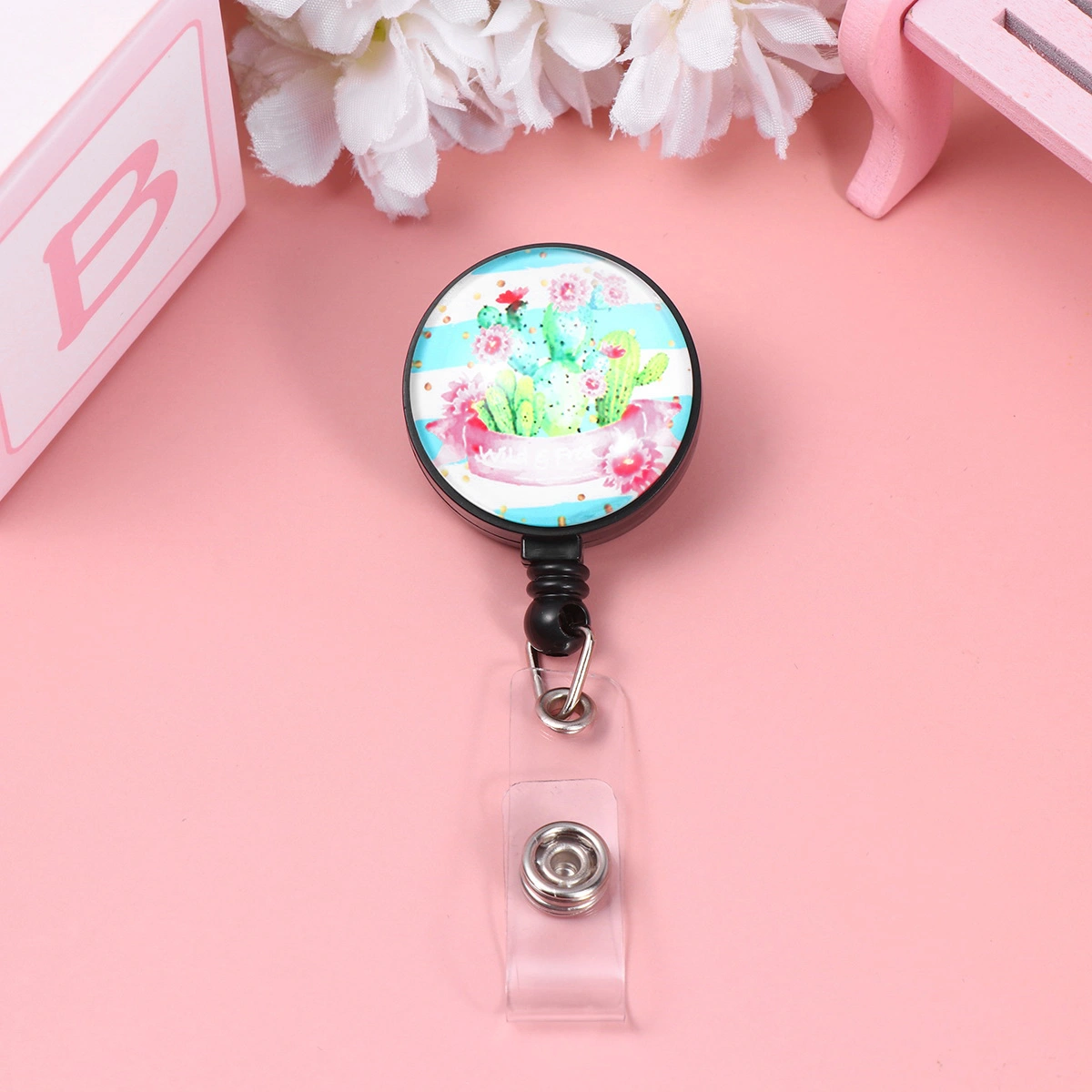 2PCS Retractable Badge Hanging Clamp Exhibition Certificate Hanging Clip Time Chest Clips Cartoon Printed Badge Reel Black Base Alligator Clip for Office Use Black Base Cactus Style