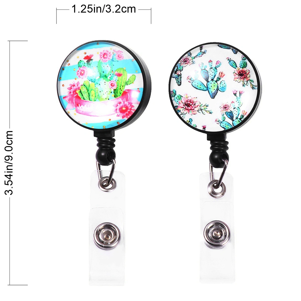 2PCS Retractable Badge Hanging Clamp Exhibition Certificate Hanging Clip Time Chest Clips Cartoon Printed Badge Reel Black Base Alligator Clip for Office Use Black Base Cactus Style