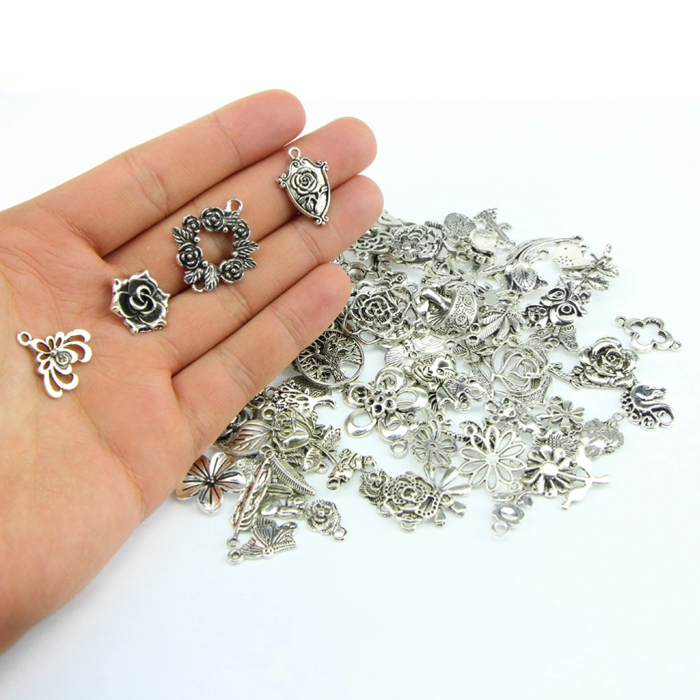 100Pcs DIY Antique Small Pendants Jungle Series Antique Copper Silver Bracelet Jewelry Pendants (Silver)