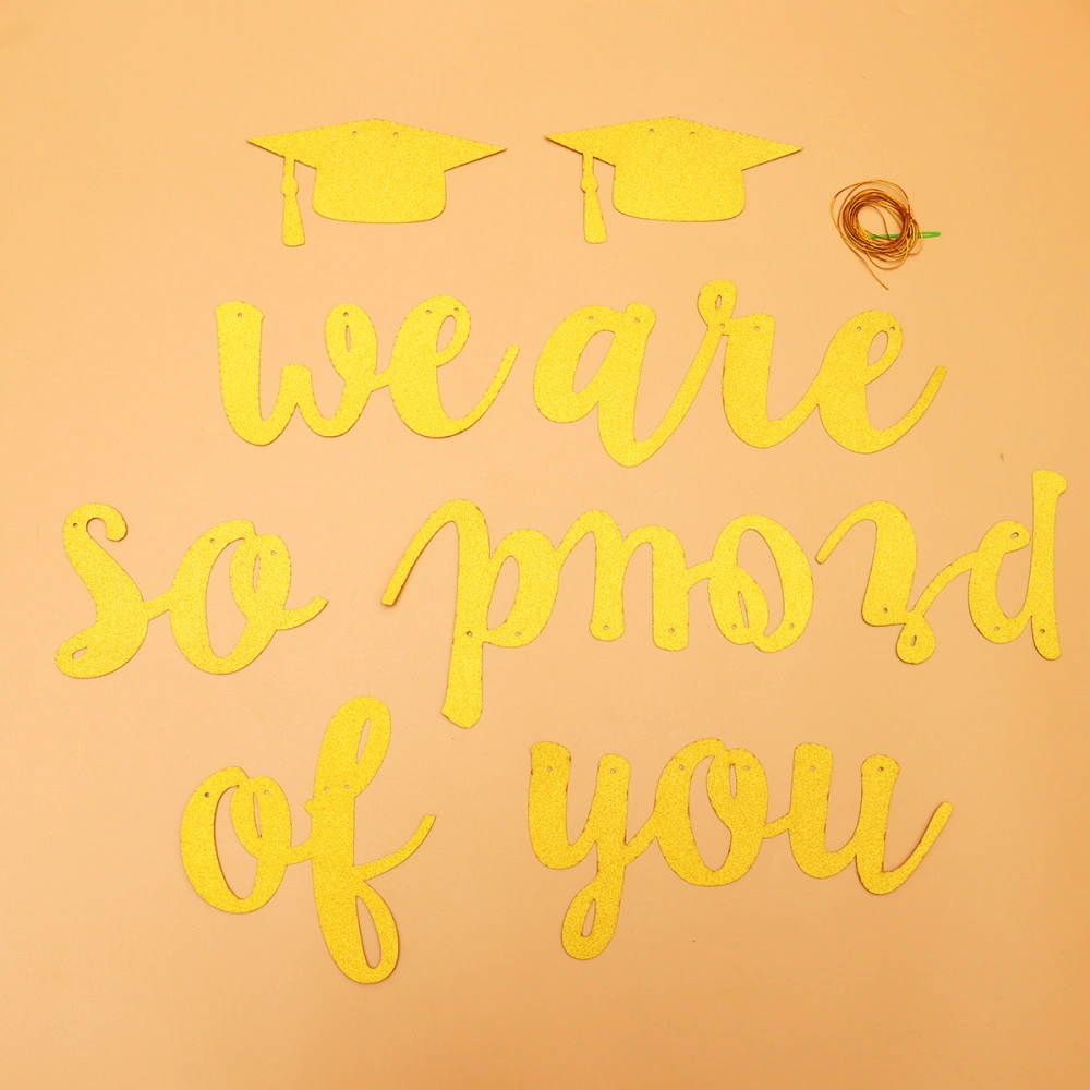 2pcs in 1 Set Golden Glitter Bunting Pendant Graduation Party Banner Paper Letter Printing Hanging Garland Creative Graduation Hat Flag Photo Props Prom Favors