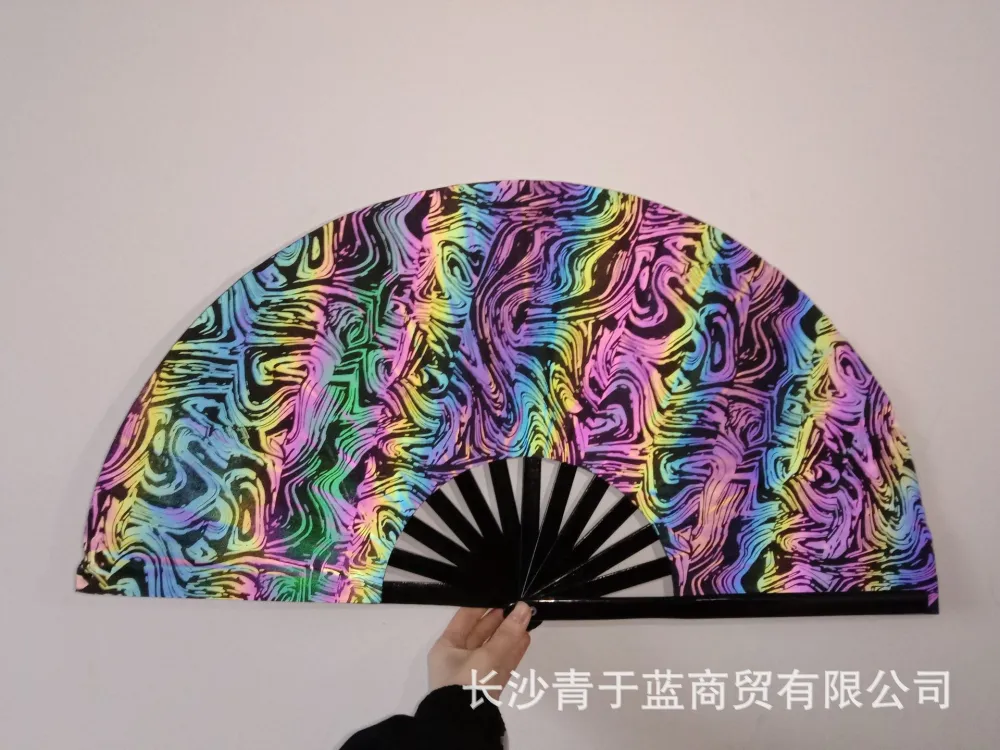 Wooden Fabric Handheld Folding Fan Chinese Style Stage Performance Fan Dancing Party Reflective Fan