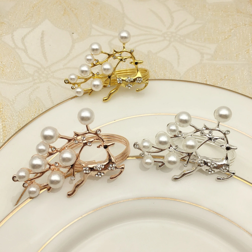 6pcs Golden Elk Design Napkin Rings Pearl Napkin Buckles Alloy Napkin Holders Christmas Dinning Table Setting Decoration for Christmas Party Table