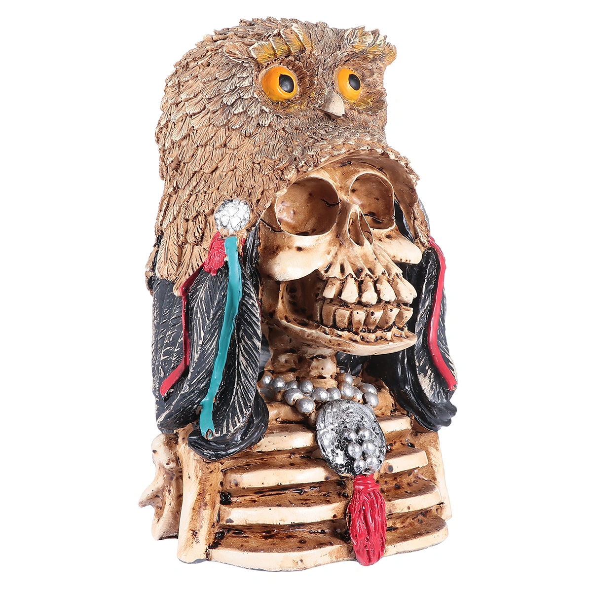 1Pc Owl Hat Skull Statue Indian-Style Skull Model Resin Skull Sculpture Craft