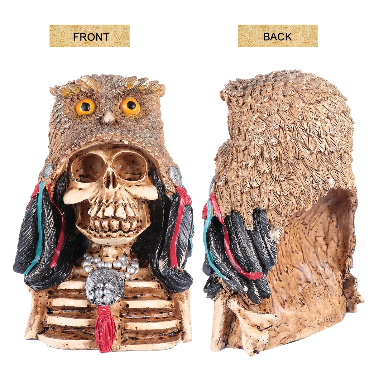 1Pc Owl Hat Skull Statue Indian-Style Skull Model Resin Skull Sculpture Craft