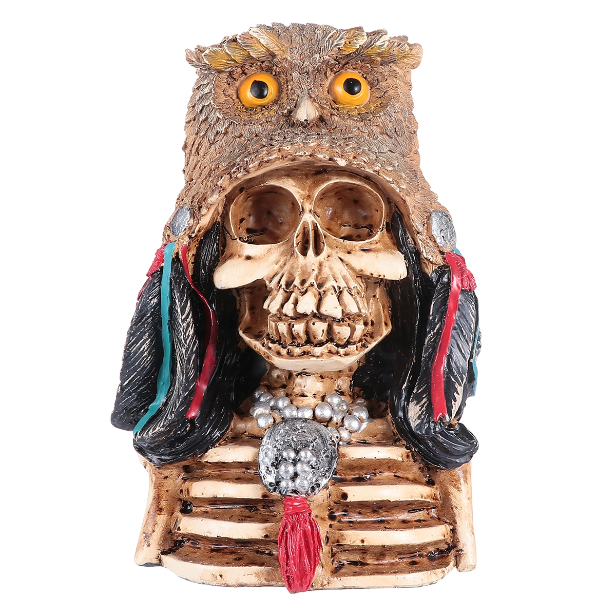 1Pc Owl Hat Skull Statue Indian-Style Skull Model Resin Skull Sculpture Craft