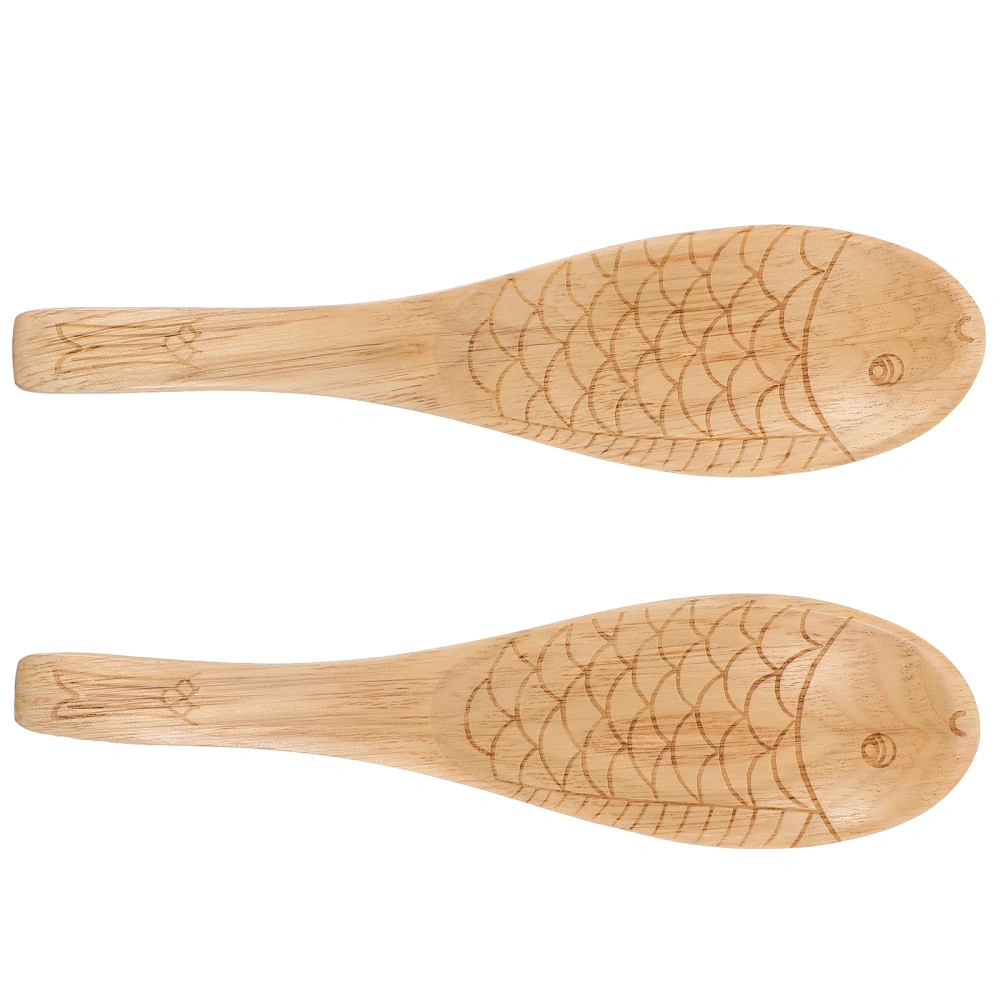 2Pcs Wooden Spoons Fish Pattern Scoop Wood Soup Spoon Kitchen Utensils