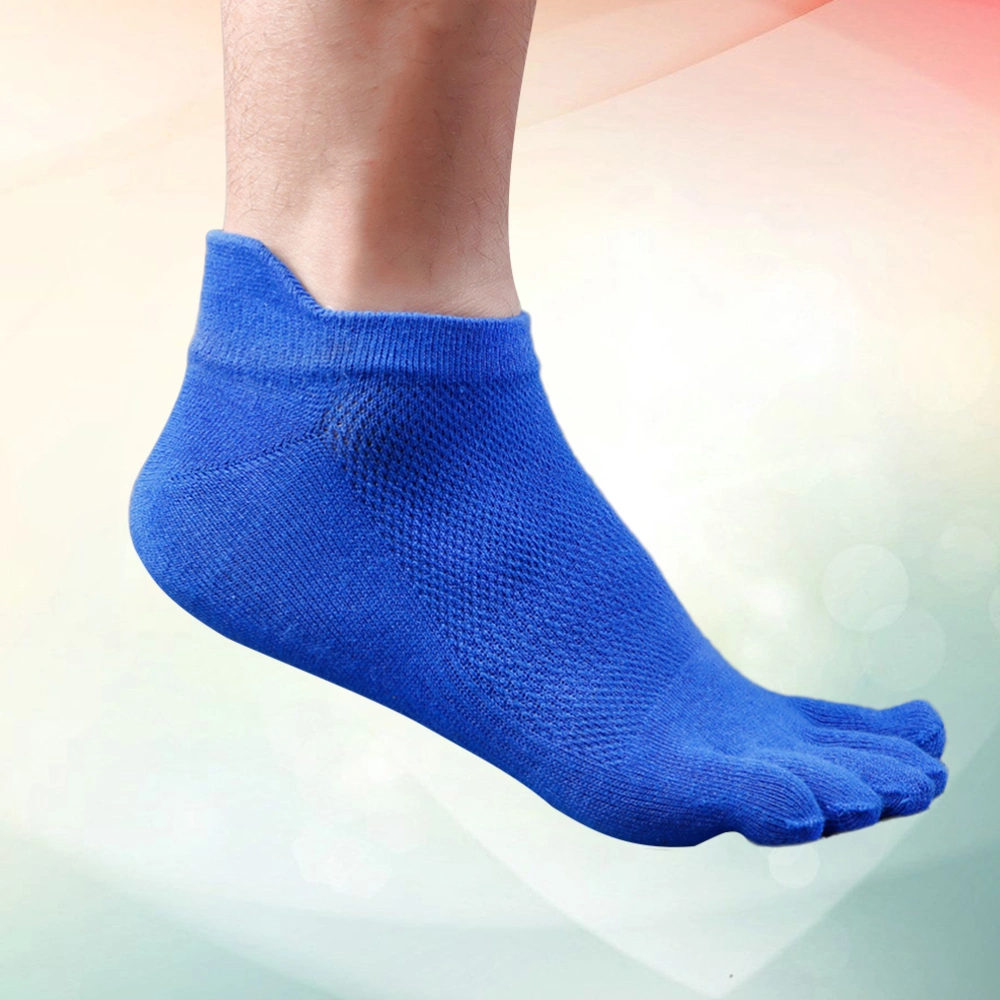 Men Cotton Low Cut Athletic Running Toe Socks 5 Finger No Show Mesh Wicking (Blue)