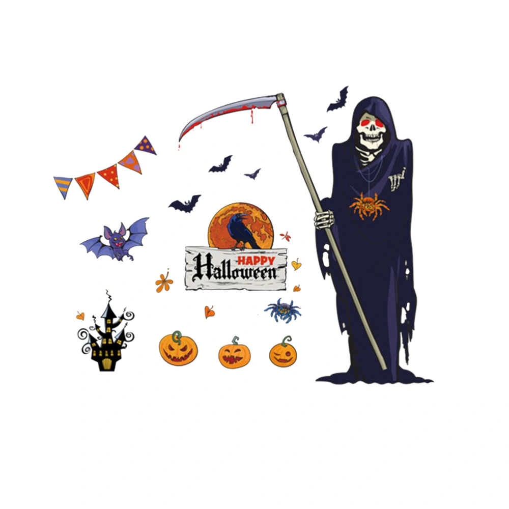 Halloween God of Death Scythe Cartoon Wall Stickers Pumpkin Lights Crow Castle Bat Spider Diy Removable Festival Horror Decals