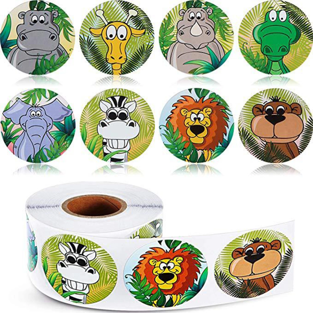 2 Rolls Jungle Animals Adhesive Sticker Kids Cartoon Animals Stickers Children Party Sticker Decoration (500pcs/Roll)