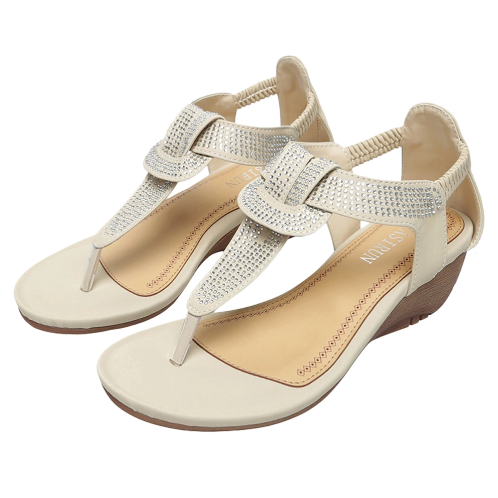 1 Pair of Bohemian Wedge Sandals Summer Women Shoes Cool Rhinestone Sandals Footwear Supplies (Beige, Size 37, 6.5US, 4UK，37.5EU,9.2355Inch)