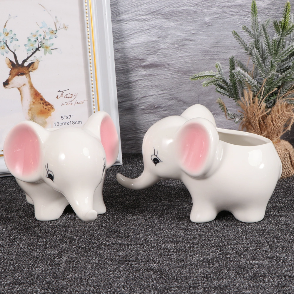 2 Pcs Cartoon Elephant Shaped Shape Flower Pot Ceramics Succulent Plant Pot Container Storage Basin Desktop Decor for Home Office - Size L (White + Pink)