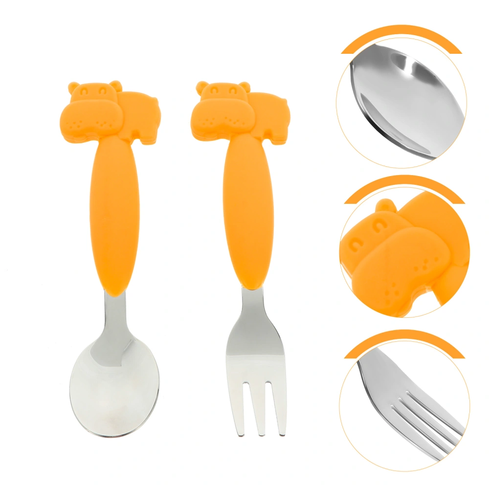 2 Pcs Baby Cutlery Cartoon Elephant Training Tableware Silicone Spoons and Forks