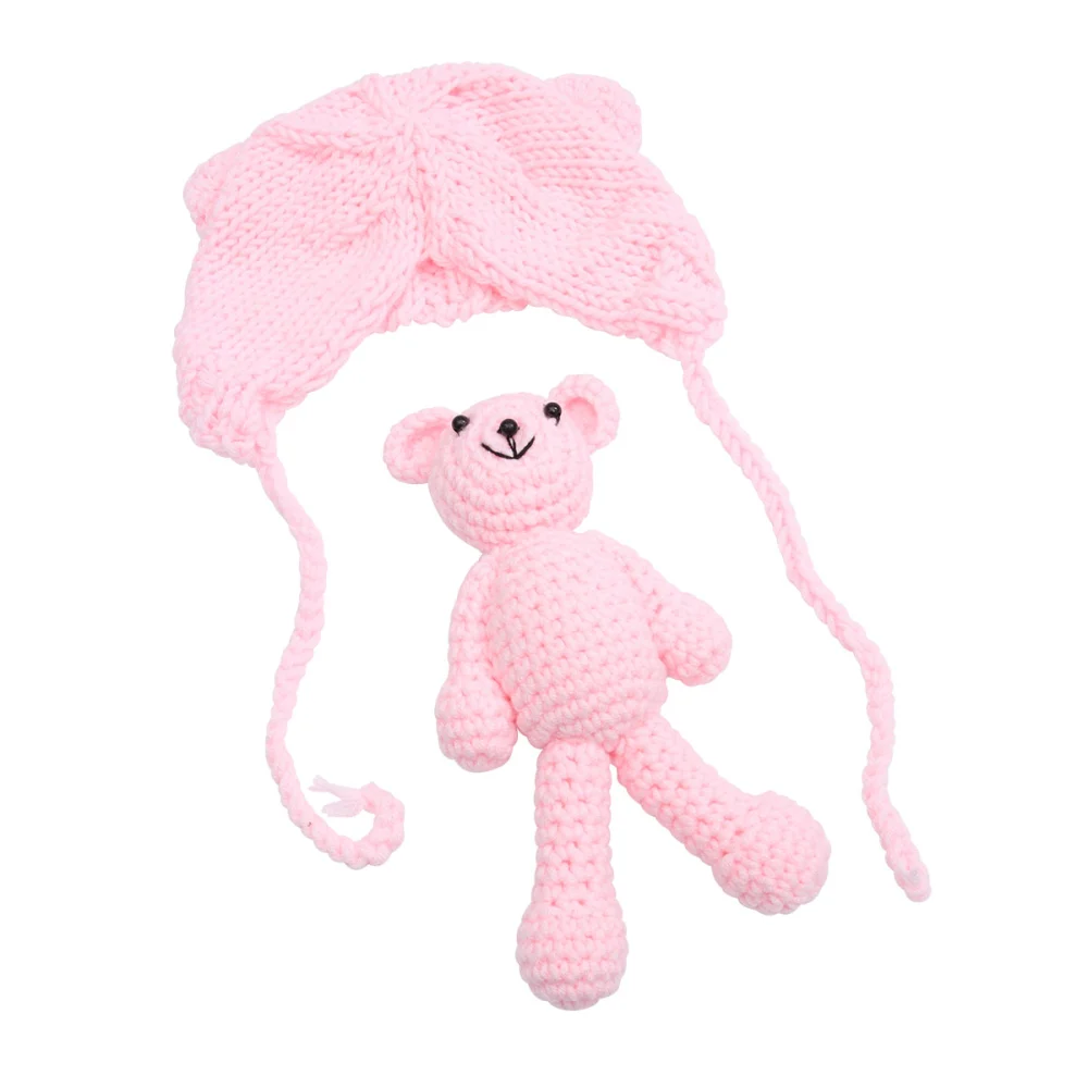 Newborn Photography Props Knitted Hat Boys Girls Photo Shoot with Crochet Toy Bear (Light Pink)