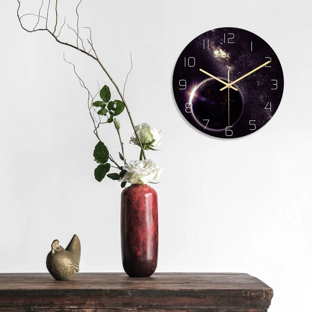 Universe Planet Wall Clock Outer Space Hanging Clock Round Acrylic Wall Clock Silent Non Ticking Clock for Kids Bedroom Living Room Office No Battery Size M