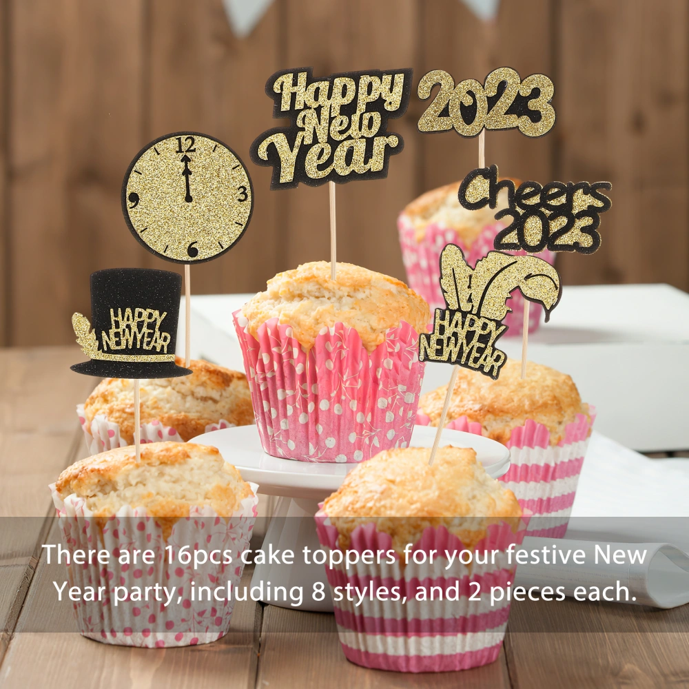 16 Pcs 2023 Happy New Year Cake Toppers Festive Joyful Cake Picks Fruit Picks New Year Party Holidays Dessert Toppers