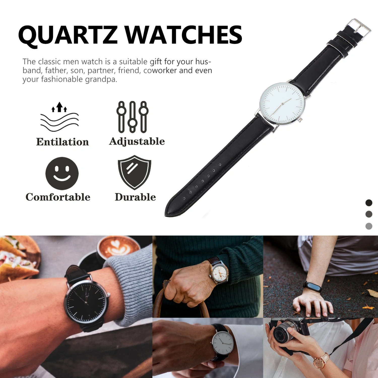 1 Pc PU Watches Men Wristwatches PU Strap Quartz Watches Husband Gifts