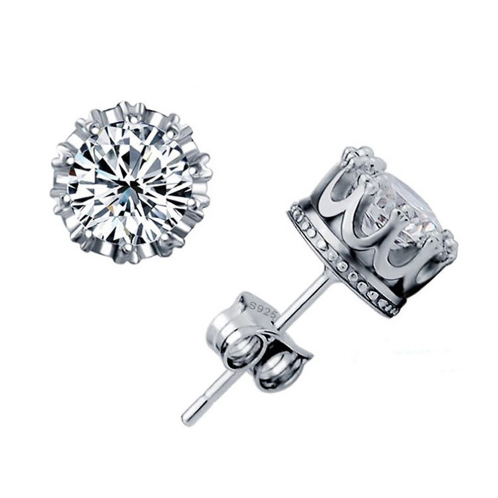 2pcs Women Cubic Zircon Stud Earrings in Crown Setting for Wedding Bridal Jewelry (Silver)
