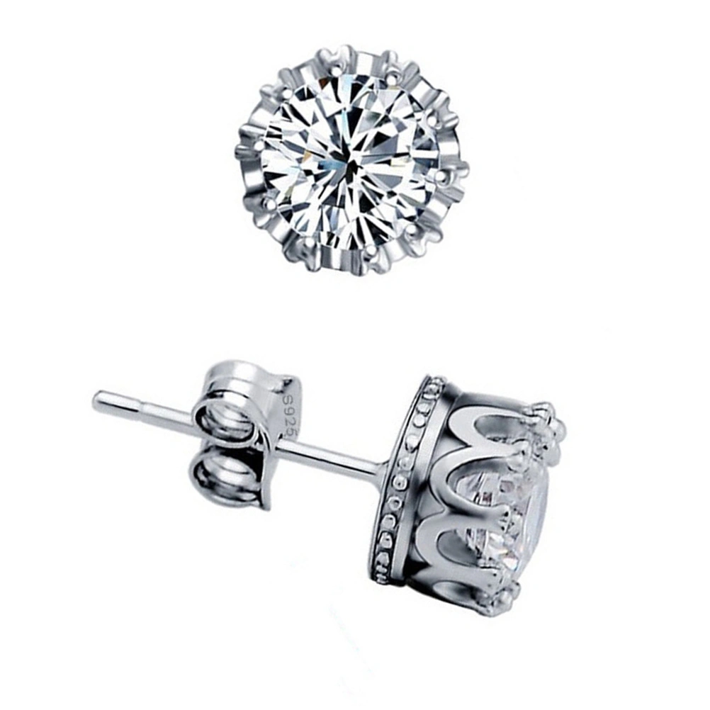 2pcs Women Cubic Zircon Stud Earrings in Crown Setting for Wedding Bridal Jewelry (Silver)