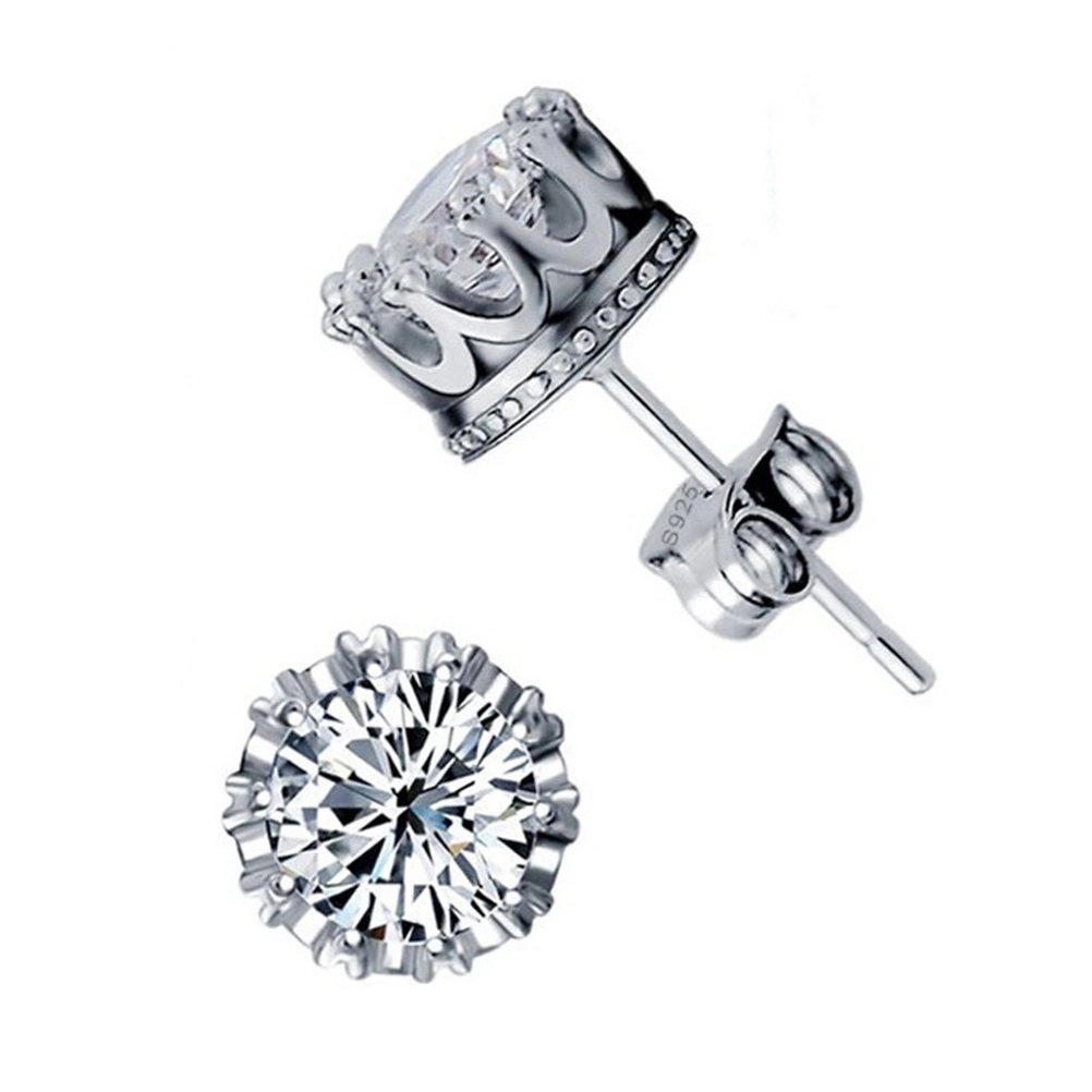 2pcs Women Cubic Zircon Stud Earrings in Crown Setting for Wedding Bridal Jewelry (Silver)