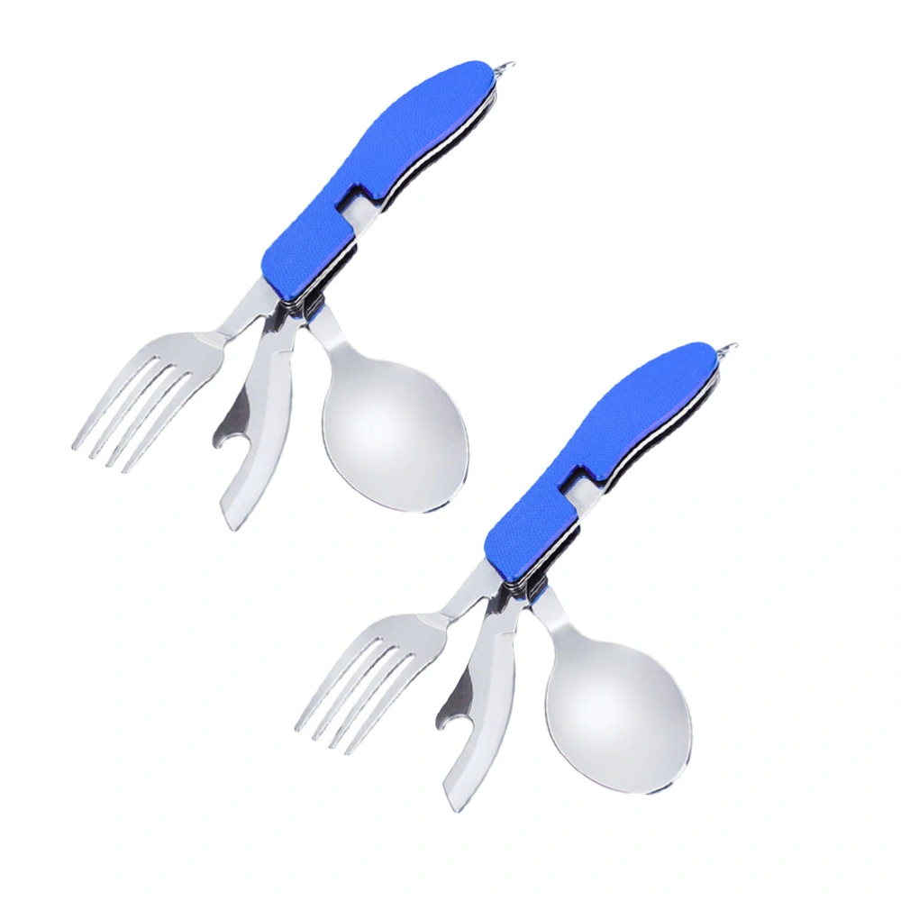 2pcs Stainless Steel Camping Cutlery Folding Spoon Fork Kit Multifunction Flatware for Camping Picnic Travel (Blue)