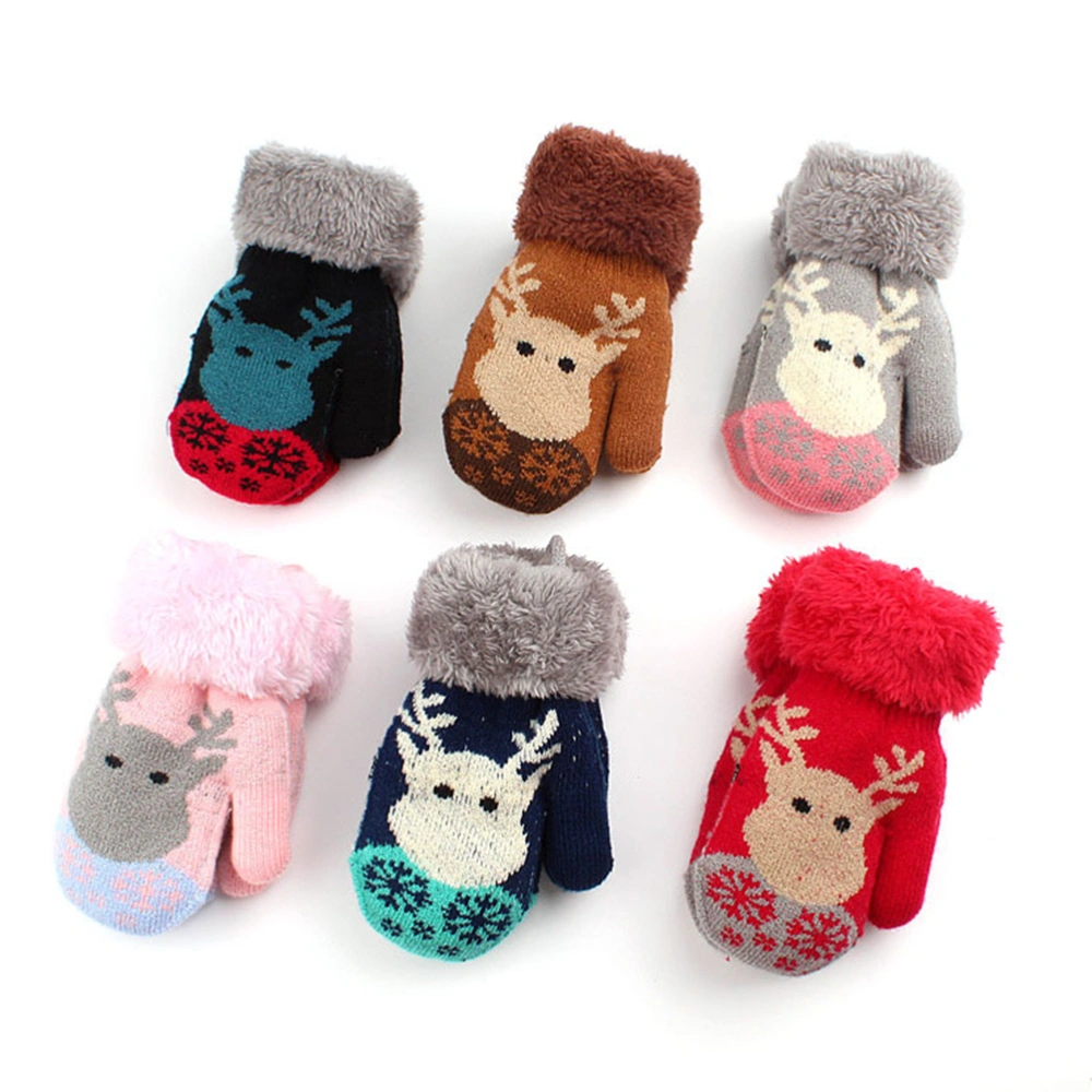 1 Pair of Deer Pattern Knitted Gloves Plush String Mitten Warm Gloves Thicken Kids Gloves Pink