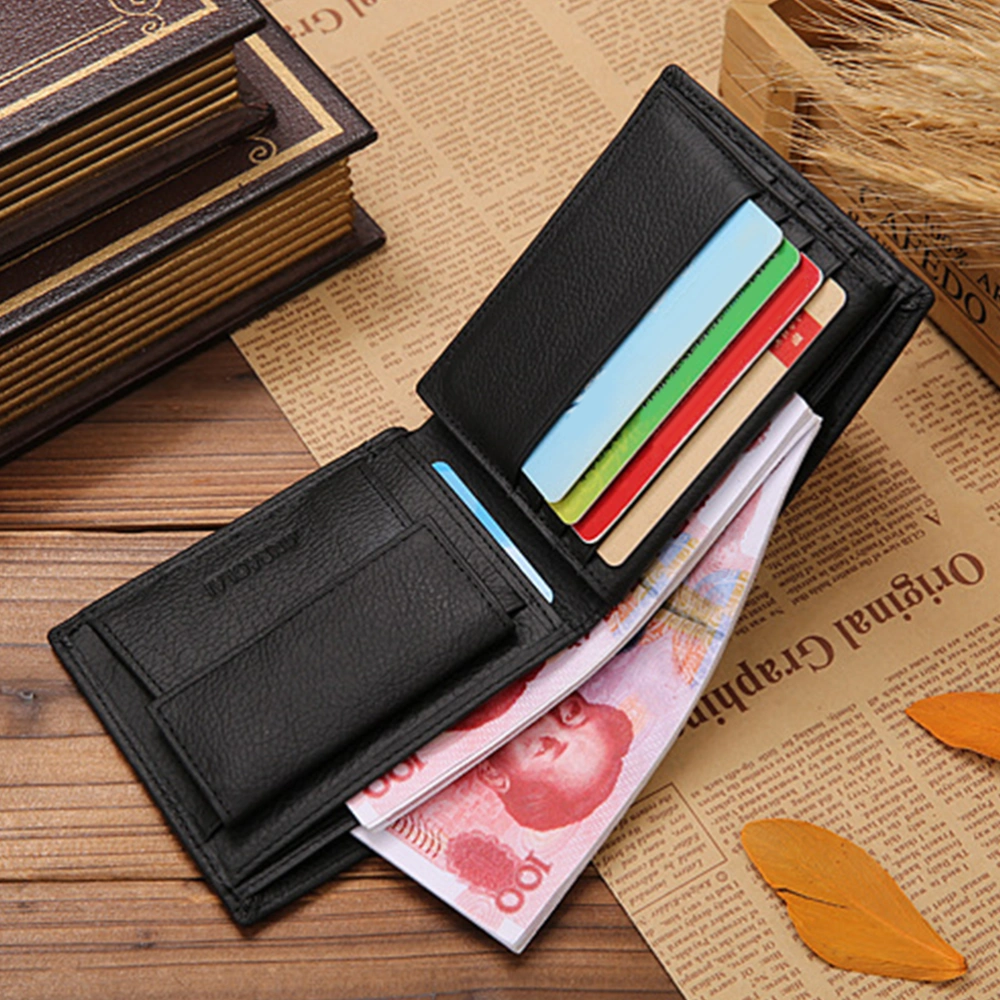 Men Leather Wallet Short Coin Purse Credit Holder Portable Solid Color Cards Pack Pocket (Black)