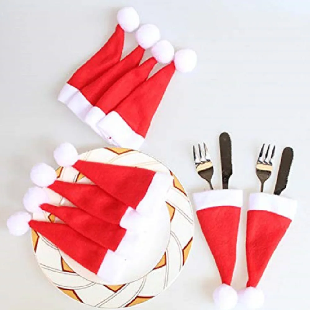 48Pcs Christmas Mini Santa Hat Bottle Cup Cover Lollipop Cutter Fork Cover