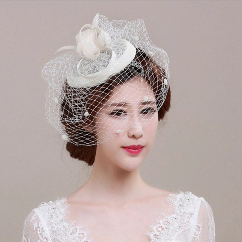 Bride Flax Yarn Hat Elegant Bride Hair Accessories Retro Bride Mesh Headdress (Beige)