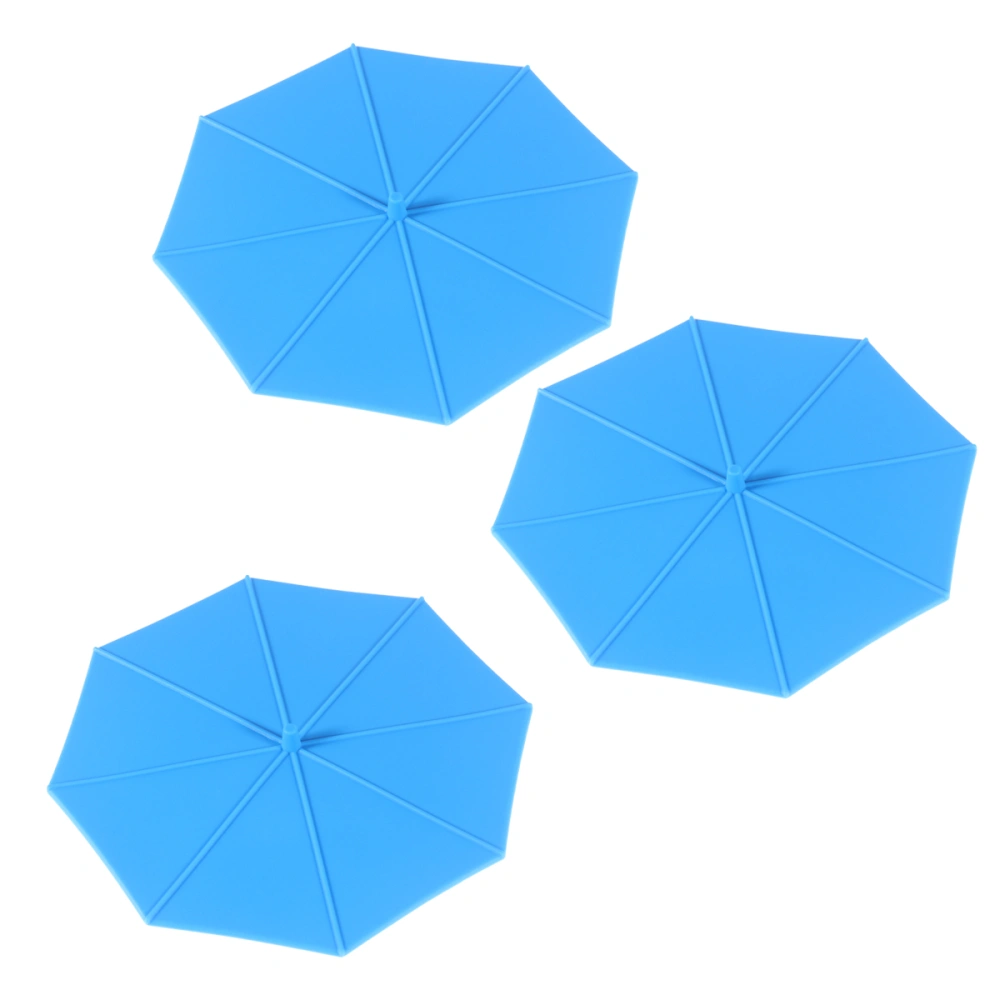 3PCS Leakproof Lovley Umbrella Design Silicone Cup Lids Dustproof Suction Sealed Mug Covers (Blue)