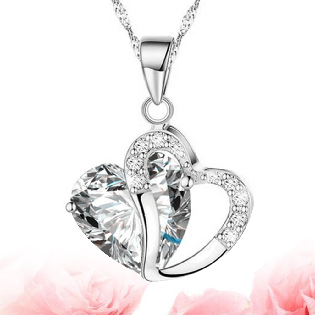 Silver Peach Heart Zircon Crystal Necklace Clavicular Chain Clavicle Chain Sweater Chain(Silver White)