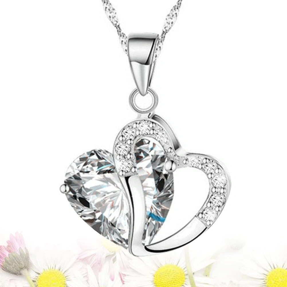 Silver Peach Heart Zircon Crystal Necklace Clavicular Chain Clavicle Chain Sweater Chain(Silver White)