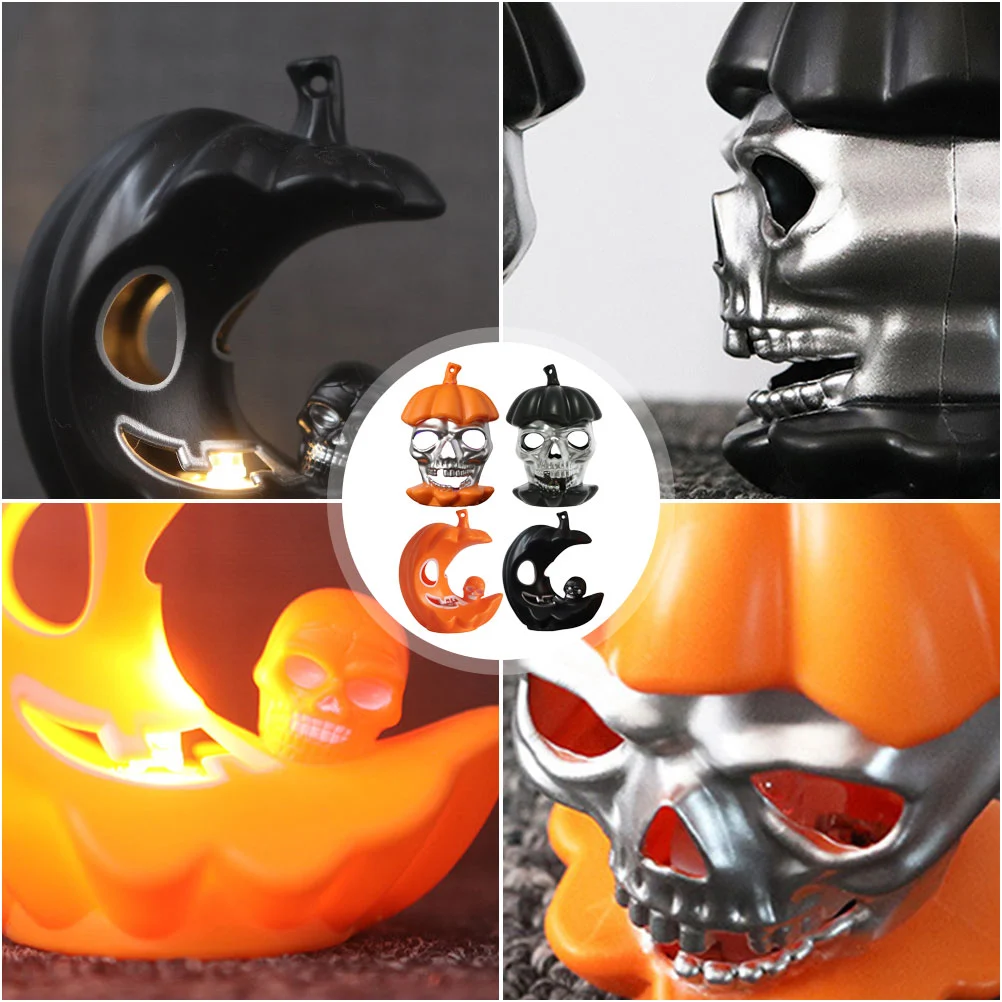 4PCS Halloween Candle Light Led Skeleton Lamp LED Night Light Decor Pumpkin Lamp Moon Lamp for Party Decor (Orange+Black Moon Style+Skull Style)