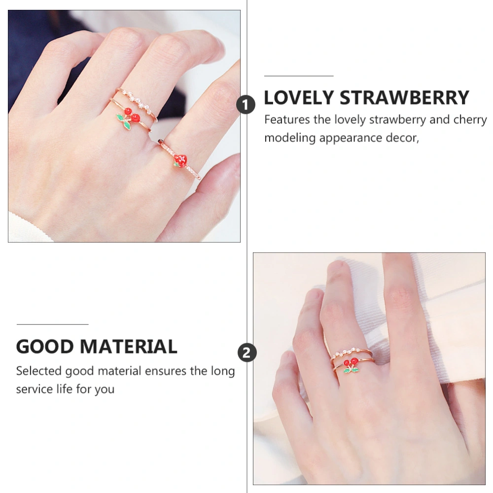 2Pcs Strawberry Cherry Finger Ring Simple Opening Ring Girl Finger Decor Golden