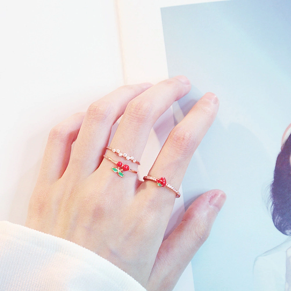 2Pcs Strawberry Cherry Finger Ring Simple Opening Ring Girl Finger Decor Golden