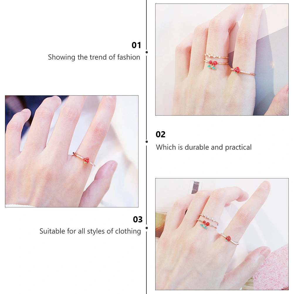 2Pcs Strawberry Cherry Finger Ring Simple Opening Ring Girl Finger Decor Golden