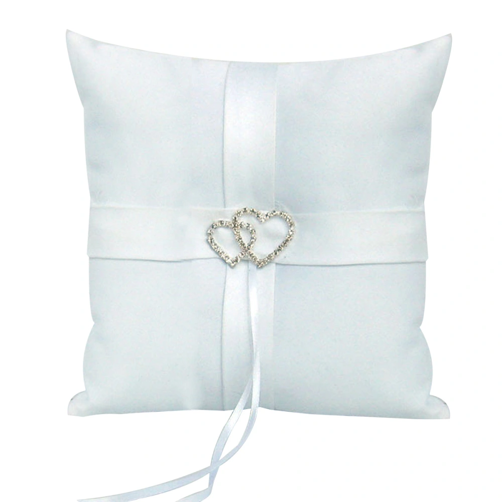 10*10cm Sparkling Rhinestones Double Heart Bridal Wedding Ceremony Ring Bearer Pillow with Ribbons (White)